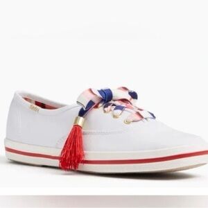 White Canvas Sneakers with Red and Blue Accents